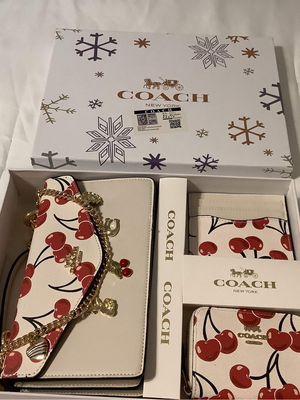 Coach Cream Leather Shoulder Bag & Cherry Print Wallet Set - Red